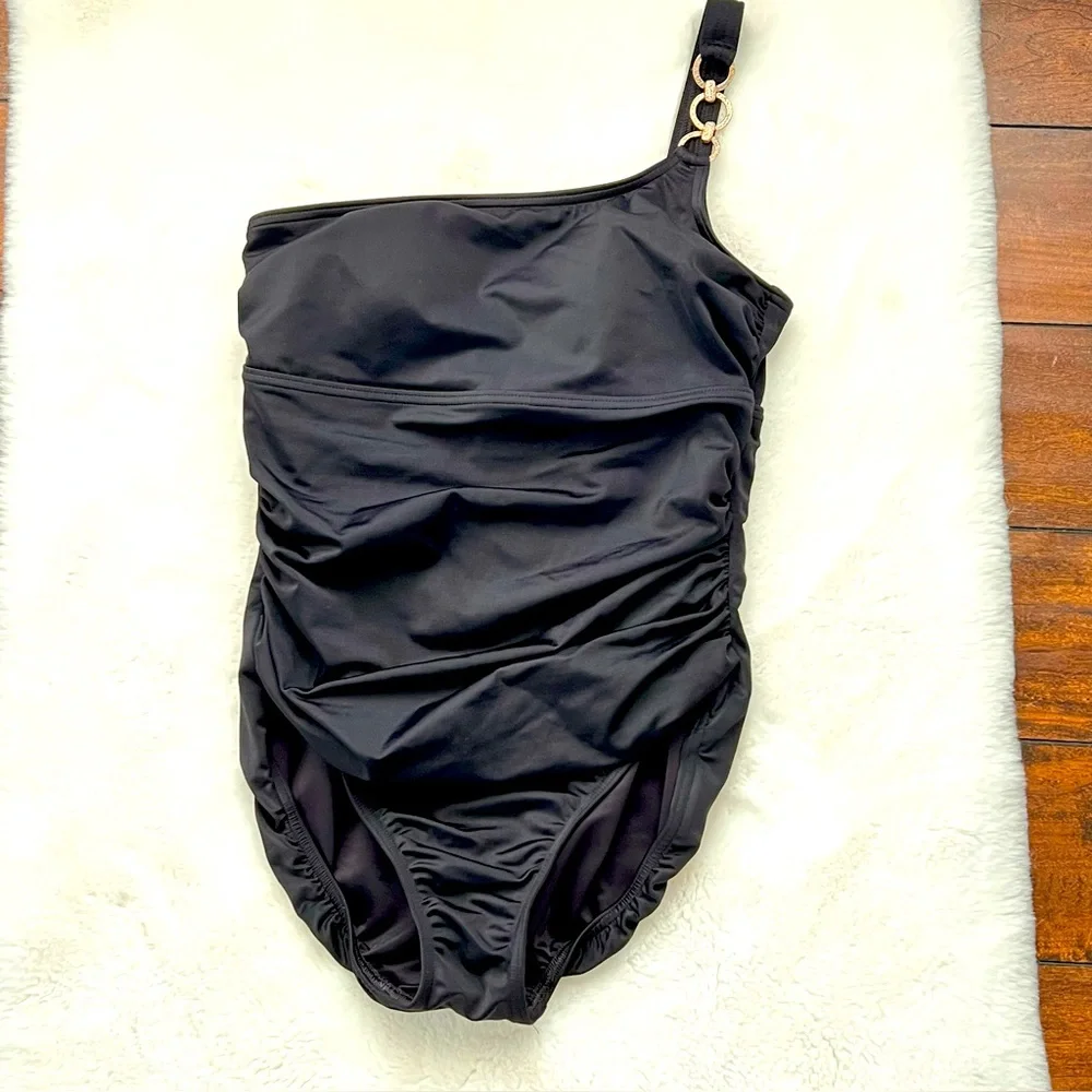 Lands’ End One Piece Slimming Tummy Control Swimsuit Asymmetric Black Size 6 - Picture 2 of 10